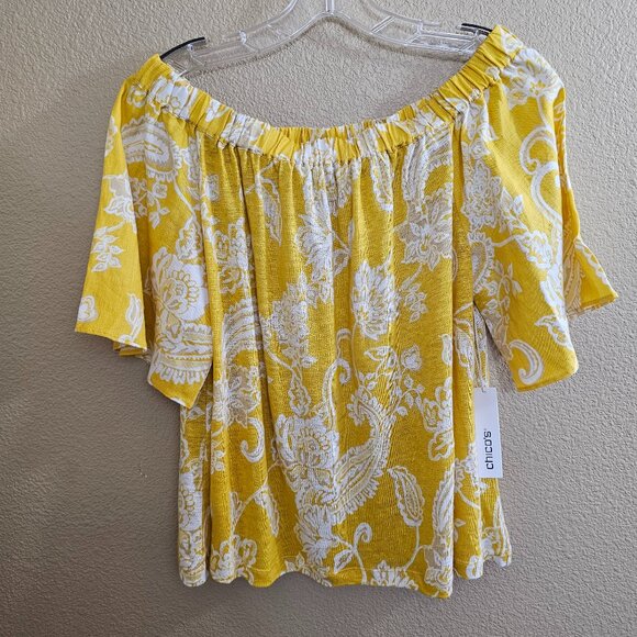 CHICO'S NWT Linen Paisley Off Shoulder Short Sleeve Knit Yellow Top~Size S - Picture 3 of 8